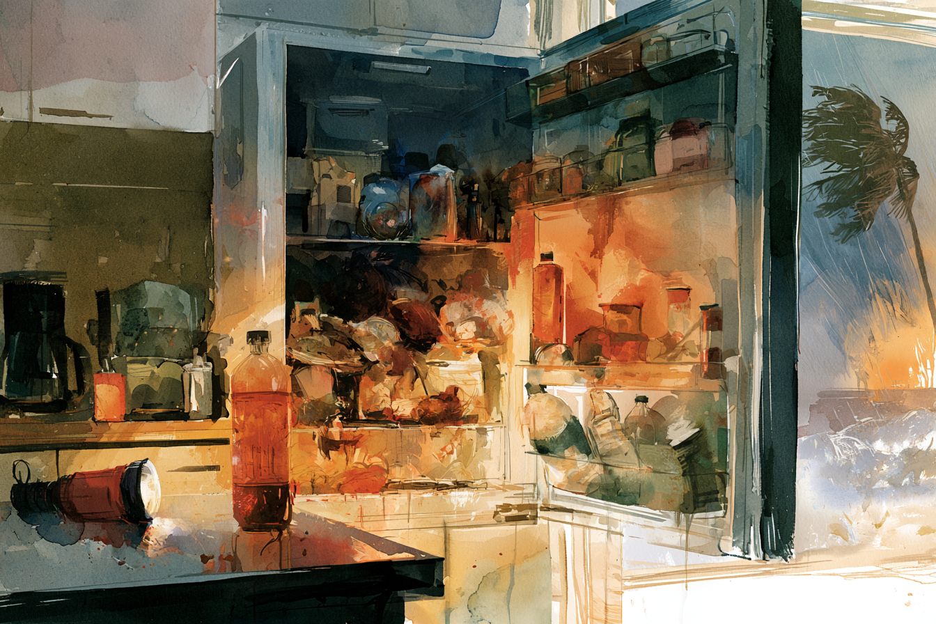 Watercolor illustration of an open refrigerator with spoiled food, a flashlight on the counter, and a stormy.