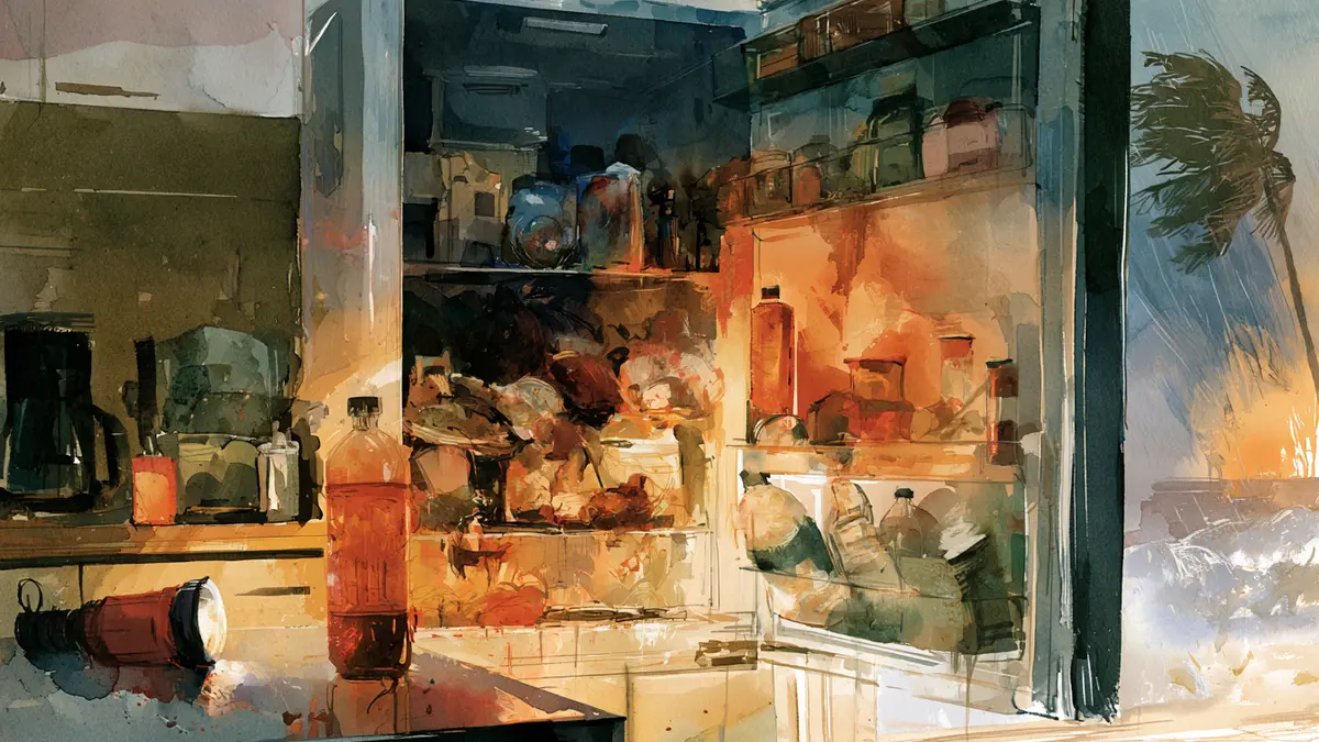 Watercolor illustration of an open refrigerator with spoiled food, a flashlight on the counter, and a stormy.