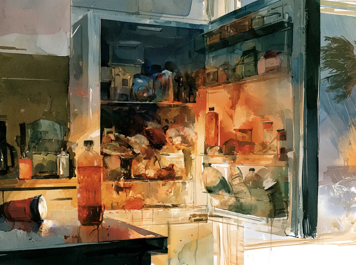 Watercolor illustration of an open refrigerator with spoiled food, a flashlight on the counter, and a stormy.