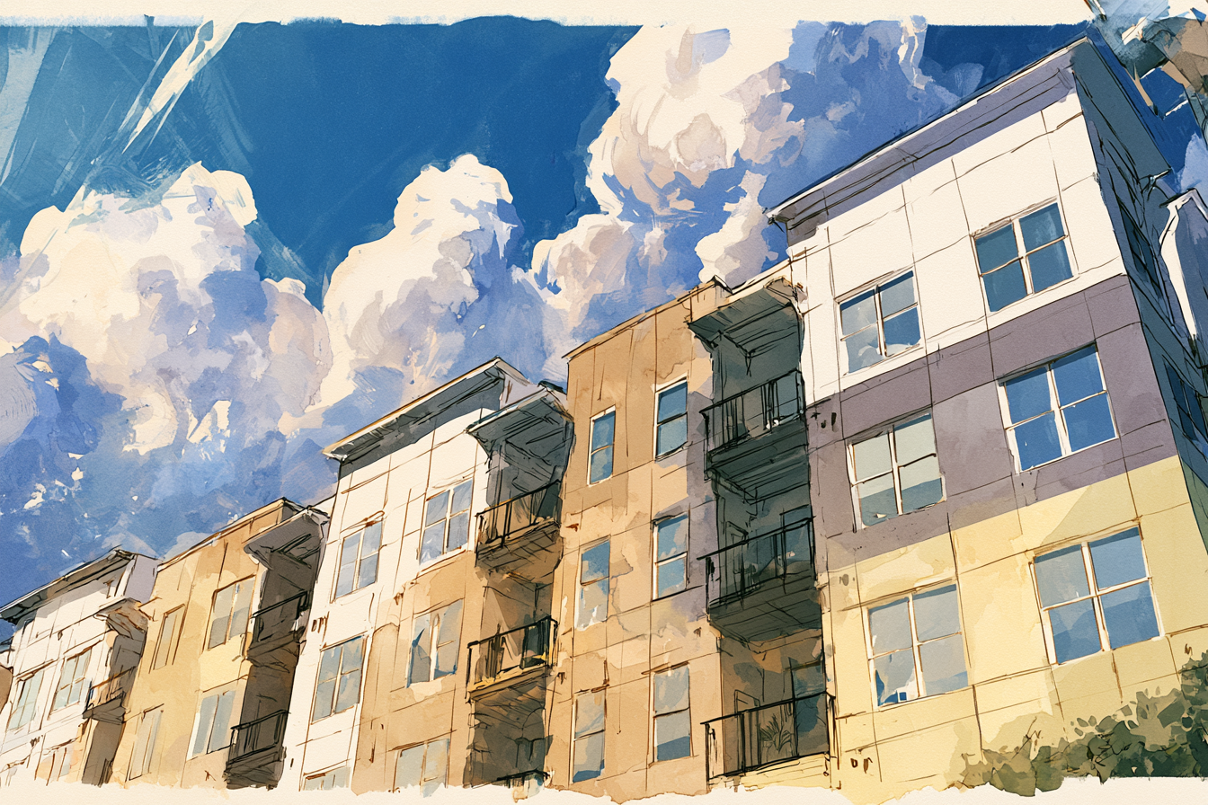 Watercolor painting of modern apartment buildings with balconies against a bright blue sky with large white clouds.