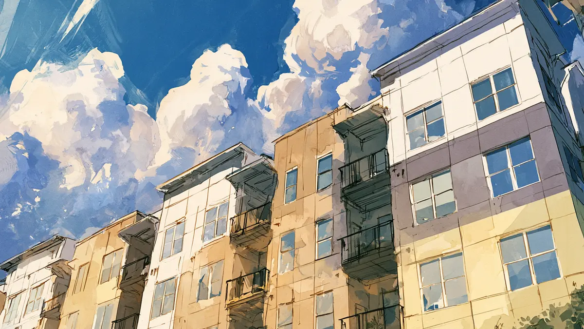 Watercolor painting of modern apartment buildings with balconies against a bright blue sky with large white clouds.