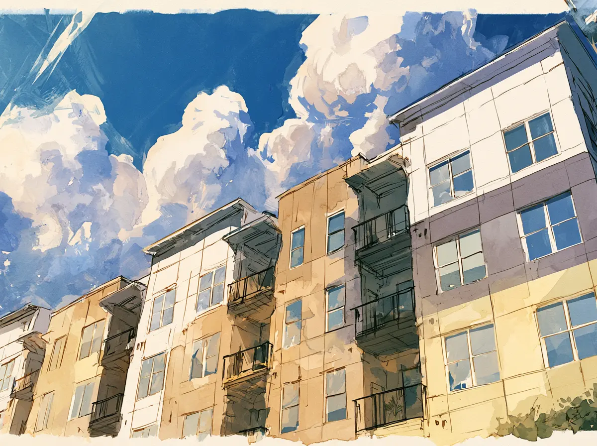 Watercolor painting of modern apartment buildings with balconies against a bright blue sky with large white clouds.