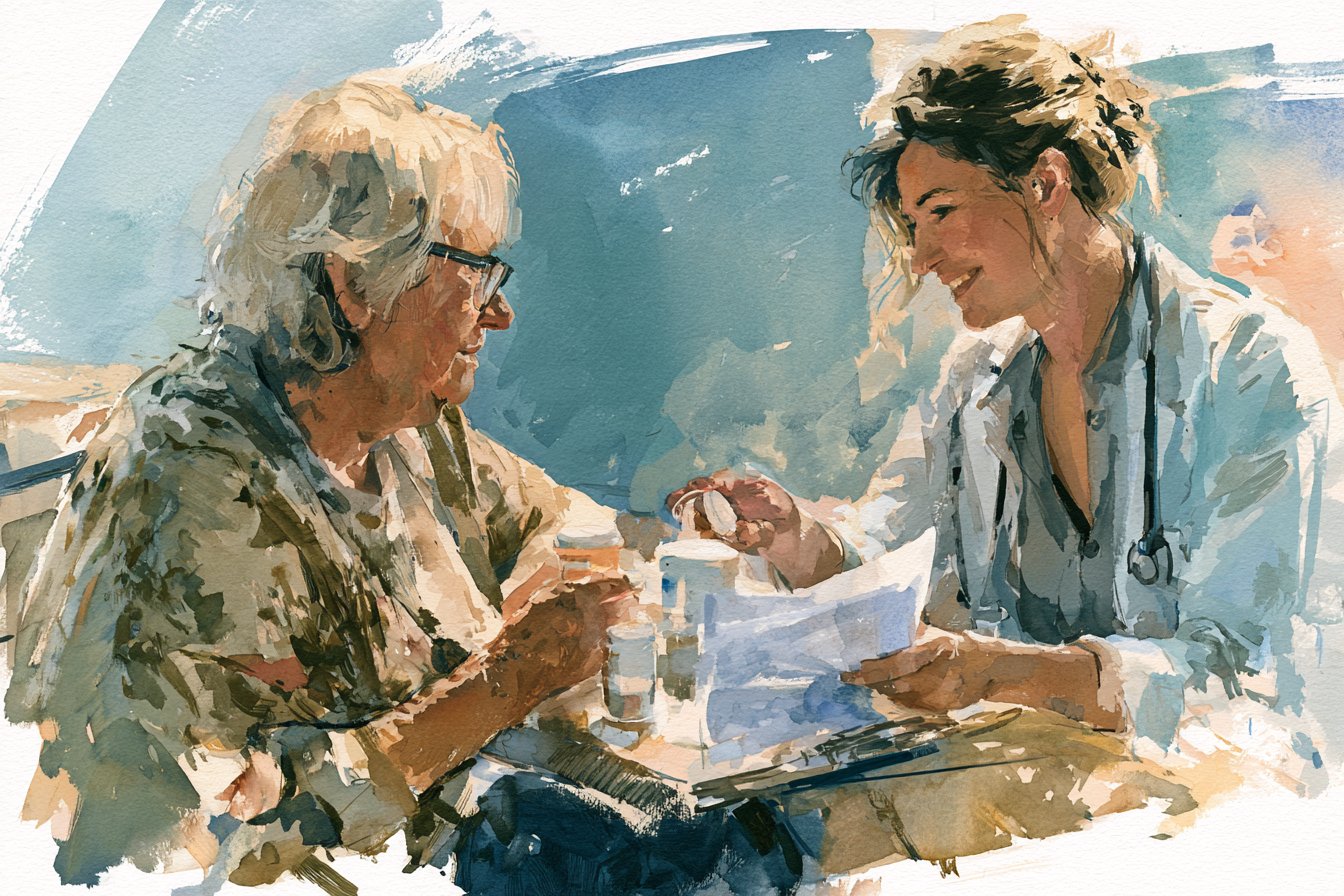 Watercolor painting of an older woman talking to a smiling doctor holding medication and papers.