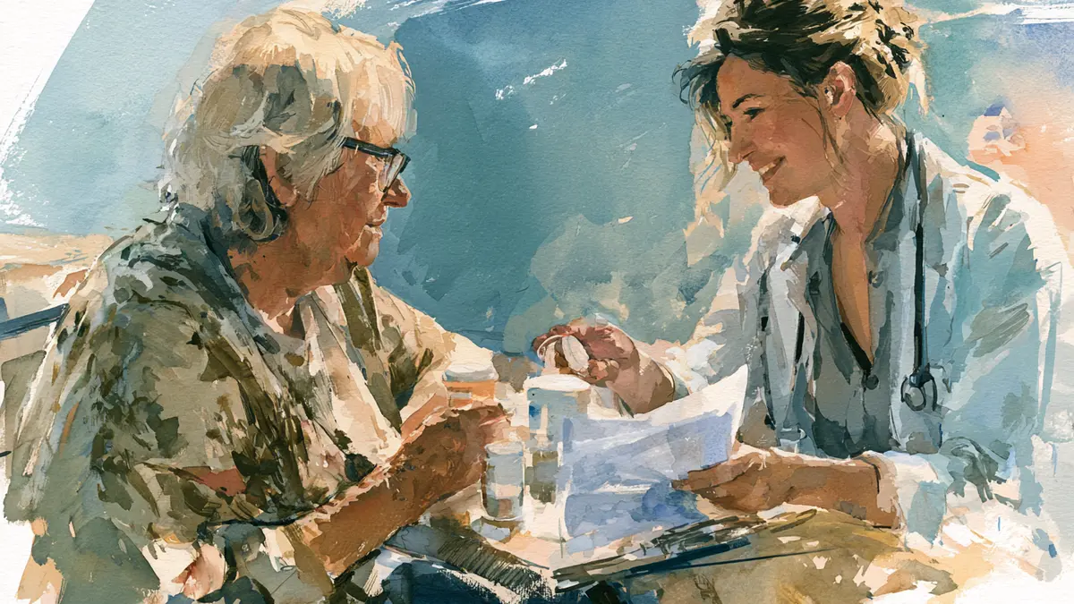 Watercolor painting of an older woman talking to a smiling doctor holding medication and papers.
