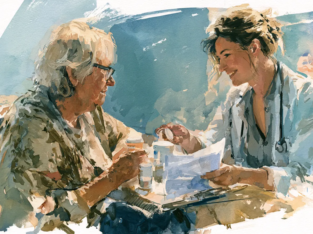 Watercolor painting of an older woman talking to a smiling doctor holding medication and papers.
