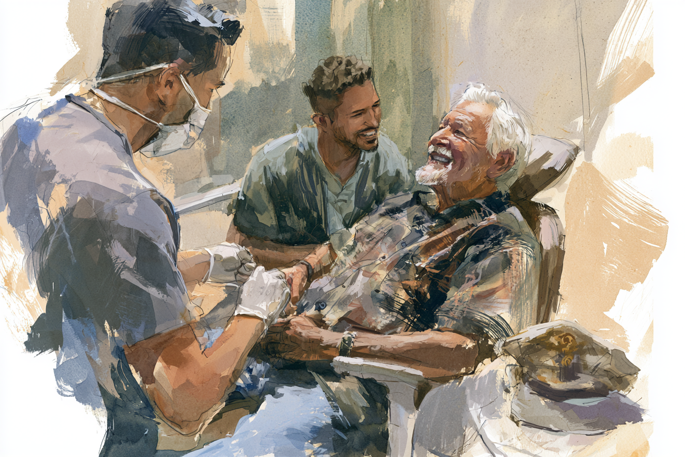 An older man in a dental chair laughs with two younger men, one wearing a mask and gloves, the other smiling.