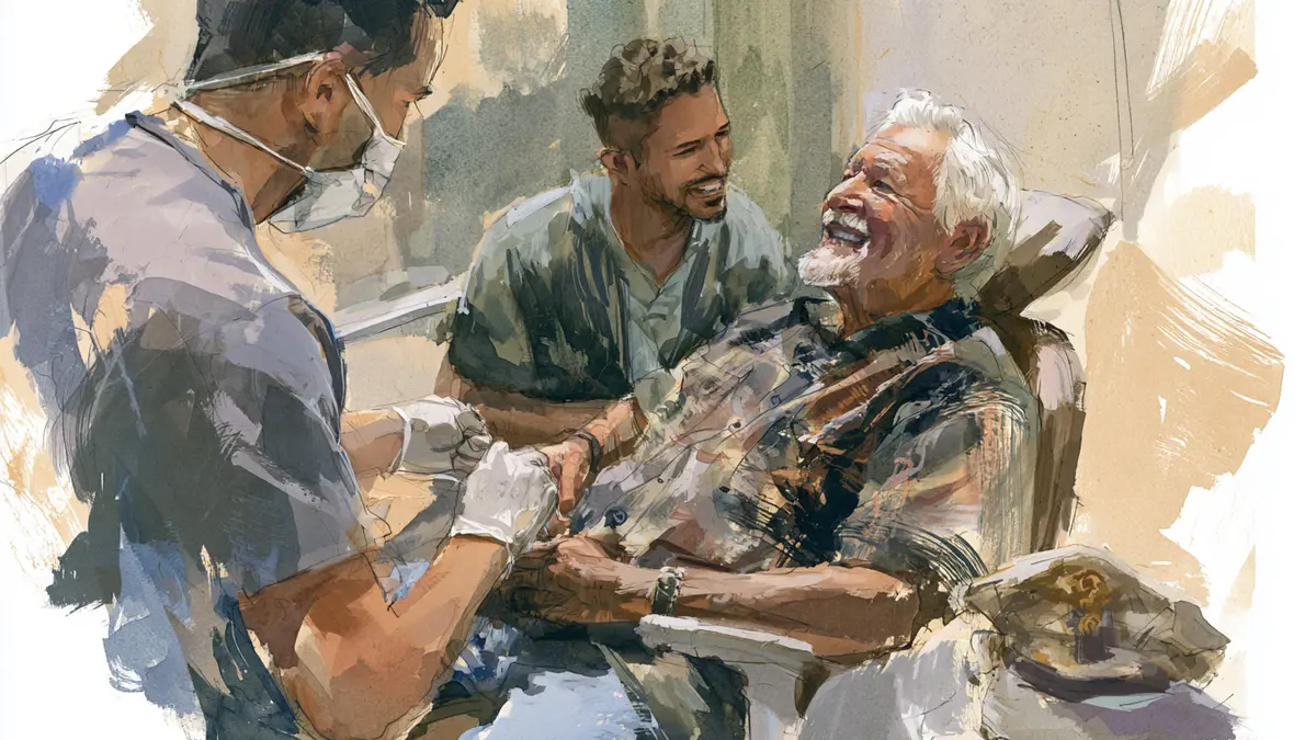 An older man in a dental chair laughs with two younger men, one wearing a mask and gloves, the other smiling.