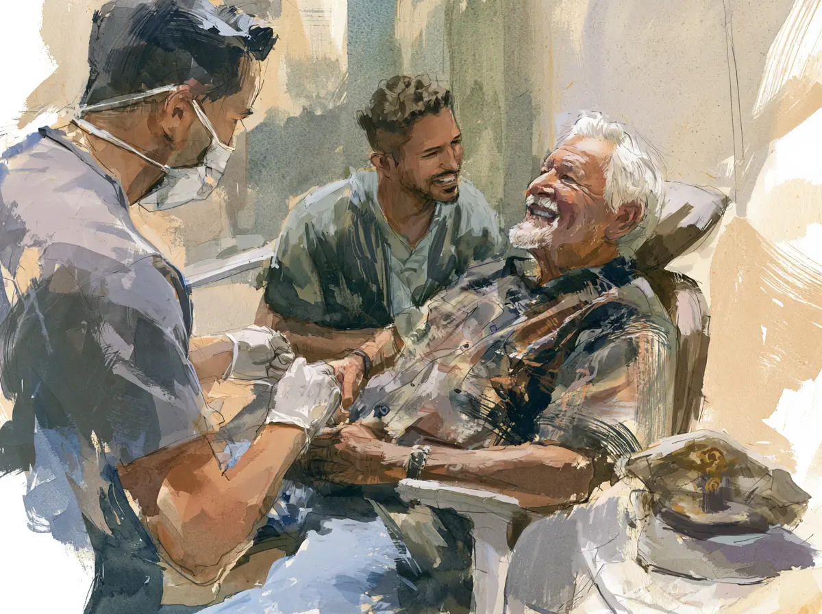 An older man in a dental chair laughs with two younger men, one wearing a mask and gloves, the other smiling.