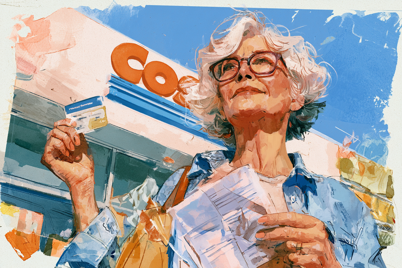 An older woman holds a card and papers, with a Costco sign visible in the background.