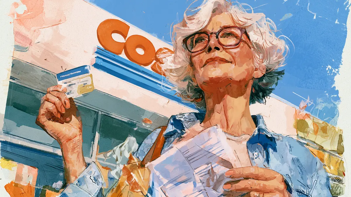 An older woman holds a card and papers, with a Costco sign visible in the background.