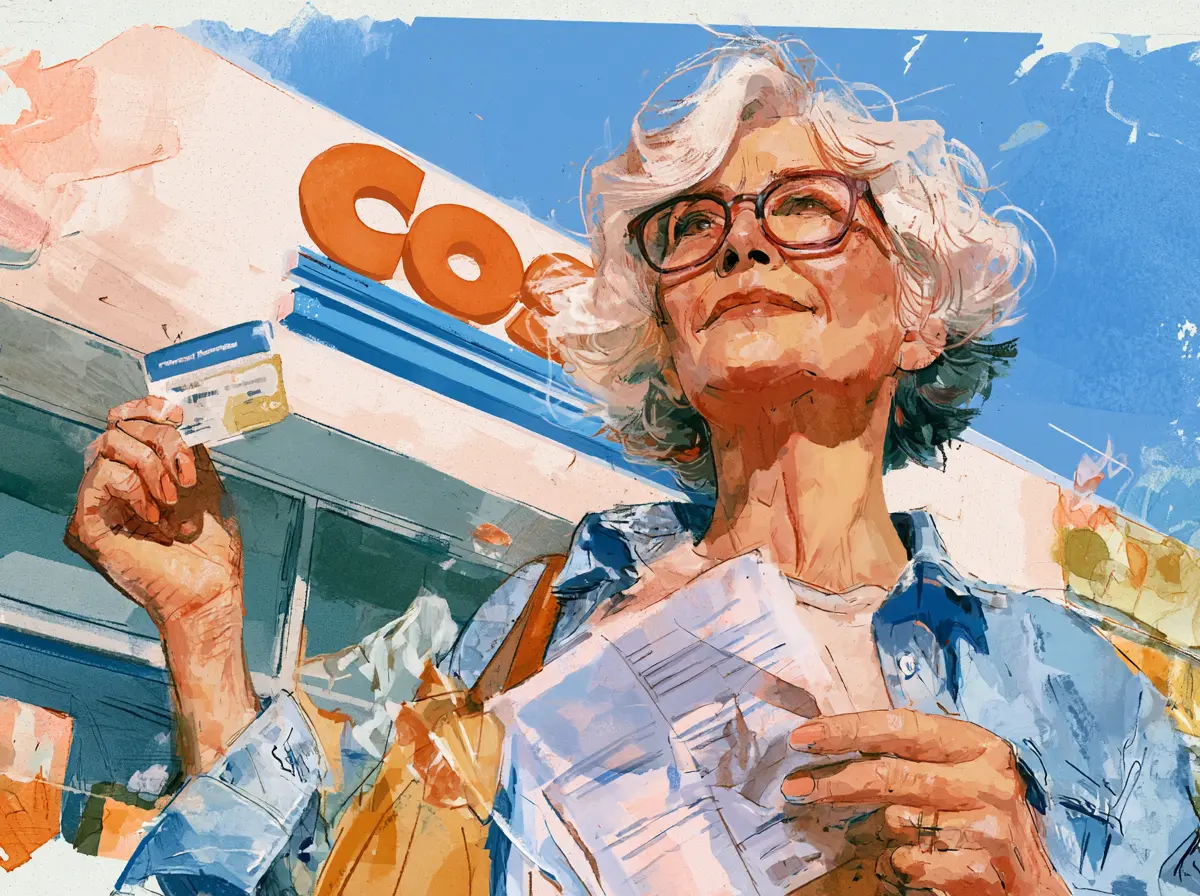 An older woman holds a card and papers, with a Costco sign visible in the background.