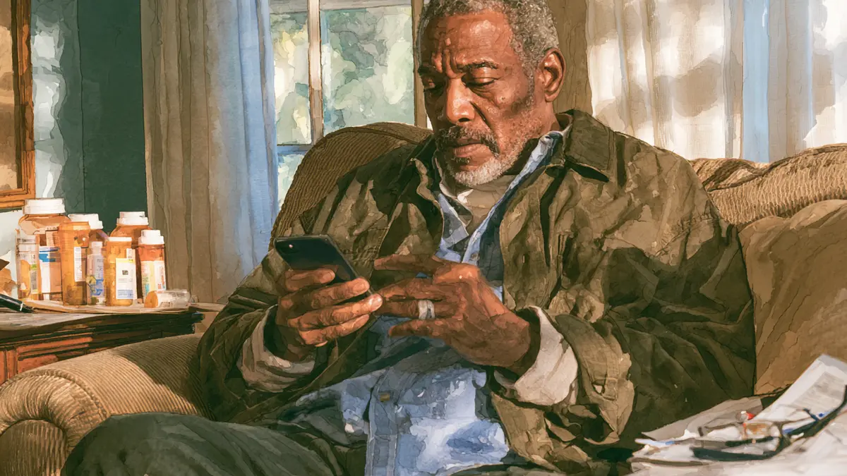 An older man sits on a couch, looking at his smartphone. Prescription bottles are visible on a table beside him.
