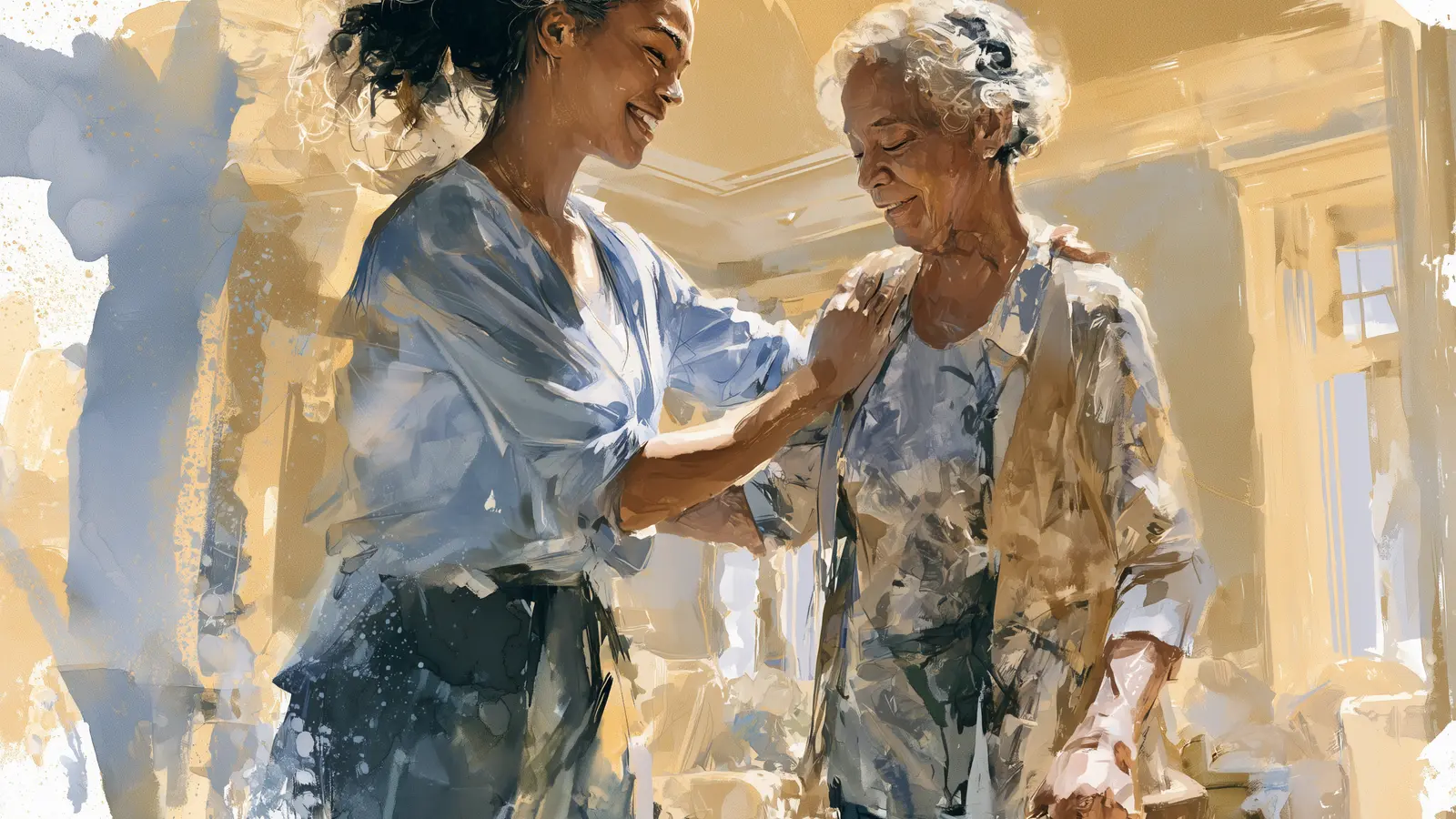 A younger woman smiles at an older woman, gently touching her shoulder in a warm, painterly scene.