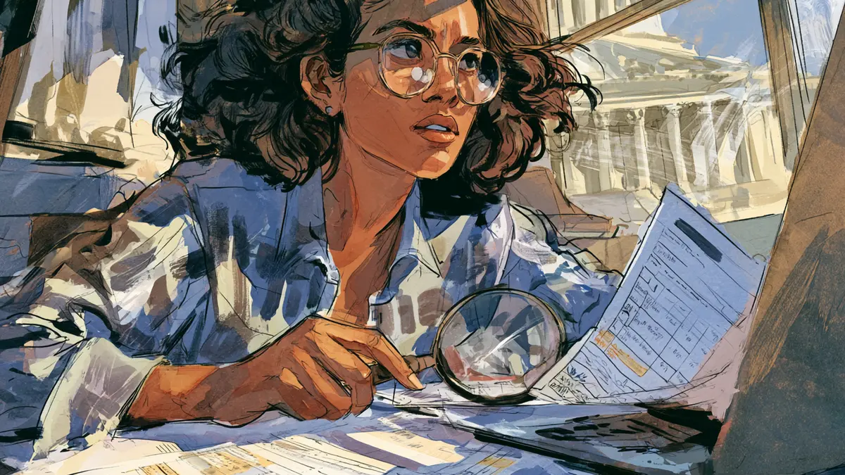 An illustration of a woman with curly hair and glasses examining documents with a magnifying glass. A government building...