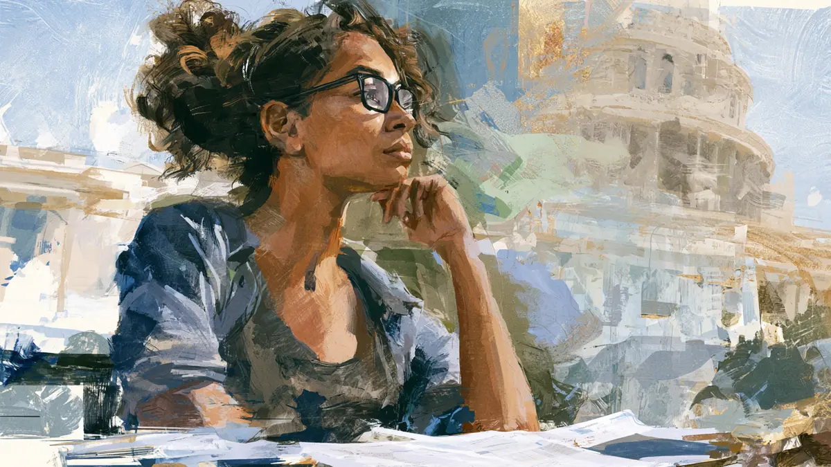 An illustration of a thoughtful woman in glasses, with a capitol building in the abstract background.