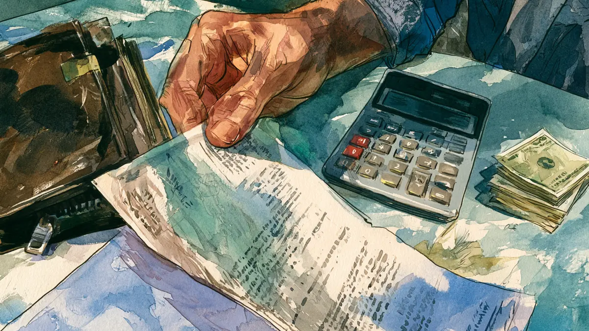 A hand holds a document, with a calculator, wallet, and stack of cash on a table.