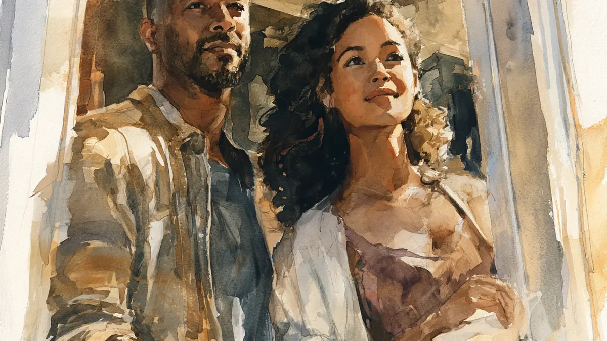 Watercolor painting of a man and woman looking up and out, bathed in warm light.