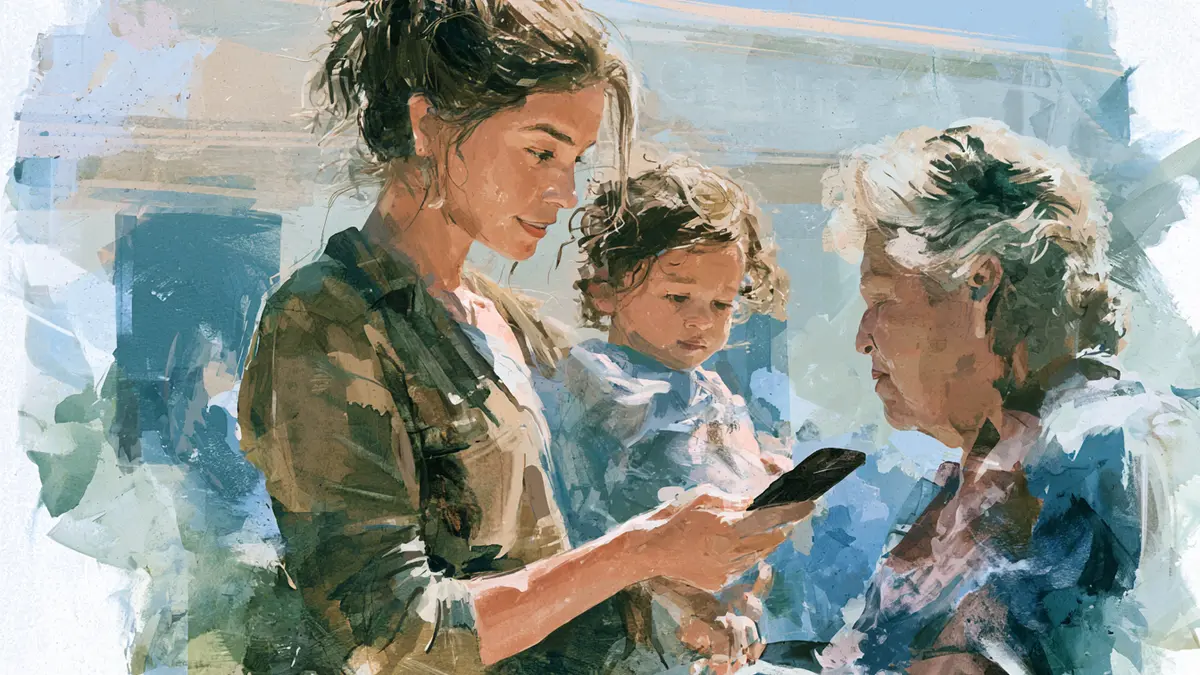 An illustration of a woman holding a child, both looking at a phone, with an older.