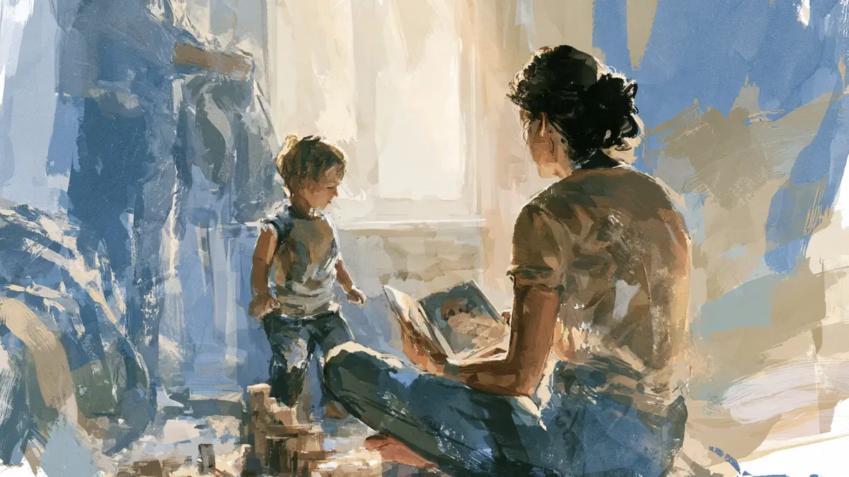 An illustration of a parent reading a book on the floor with a young child playing nearby in a sunlit room.