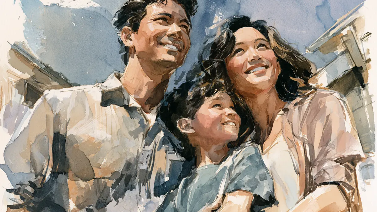 Watercolor painting of a smiling family looking up: a man, a woman, and a young child.