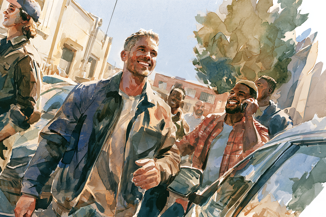 Watercolor painting of diverse men smiling and talking on a sunny city street.