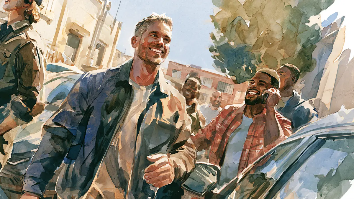 Watercolor painting of diverse men smiling and talking on a sunny city street.