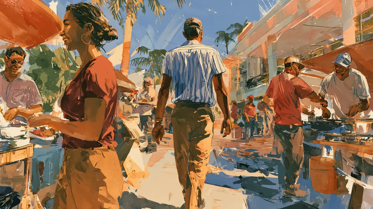 Illustration of a vibrant outdoor market with people cooking and interacting under palm trees.