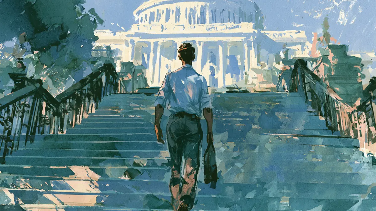 A person walks up wide steps towards a large, white domed building, likely the US Capitol, under a bright sky.