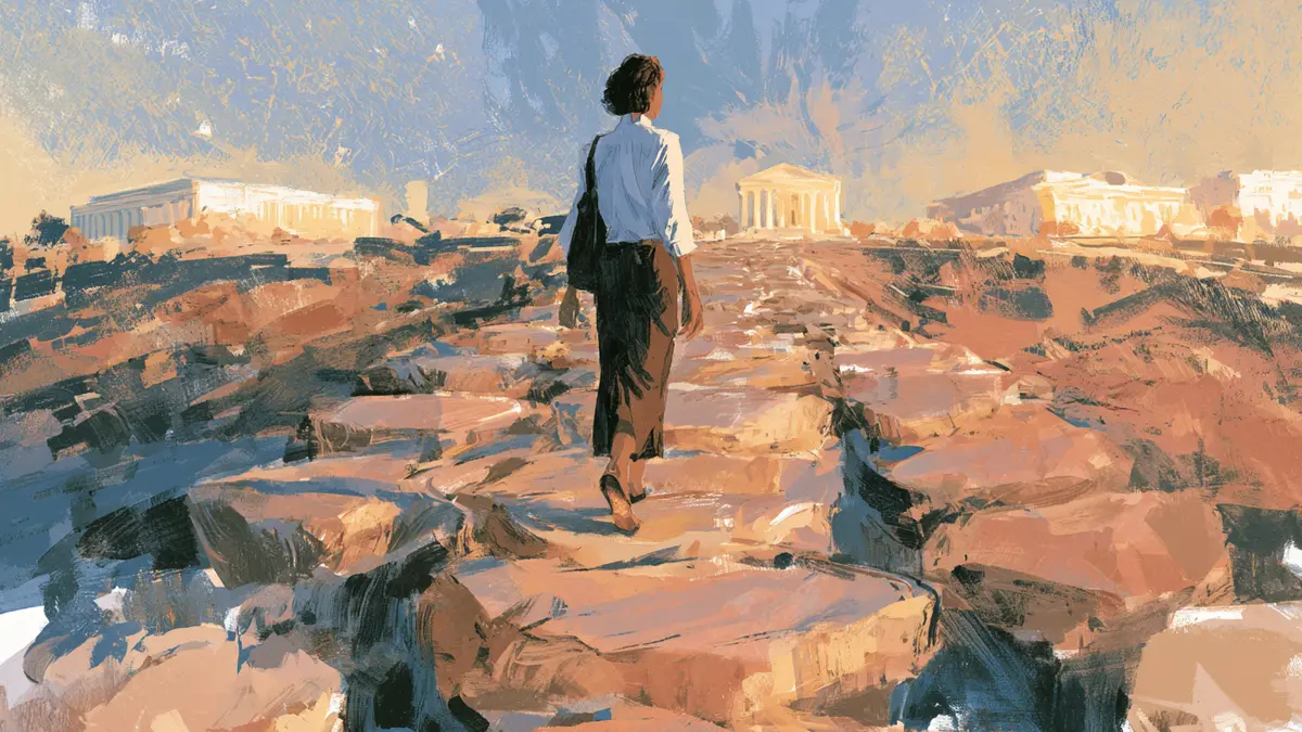 A person walks up a rocky path towards a classical building, symbolizing a journey to a goal.