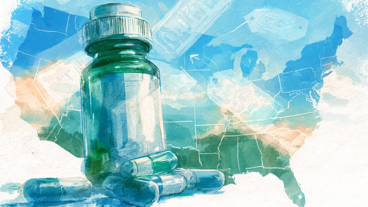 Watercolor illustration of a green medicine bottle and capsules in front of a US map with faint price tags.
