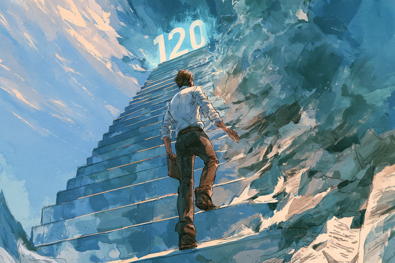 A person climbs a long, icy staircase toward a glowing "120" at the top, surrounded by stormy clouds.