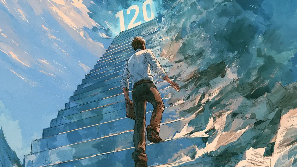 A person climbs a long, icy staircase toward a glowing "120" at the top, surrounded by stormy clouds.