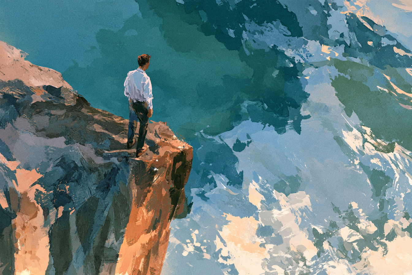 A person stands on a cliff edge, looking out over a vast, abstract blue and white landscape.