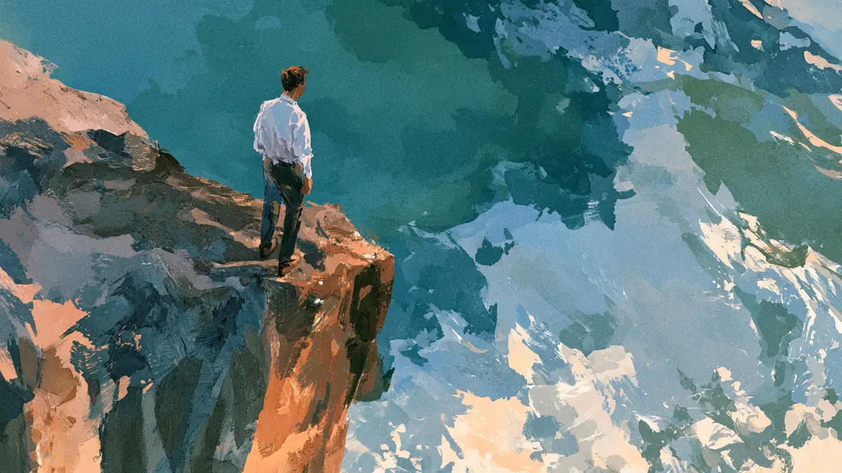 A person stands on a cliff edge, looking out over a vast, abstract blue and white landscape.