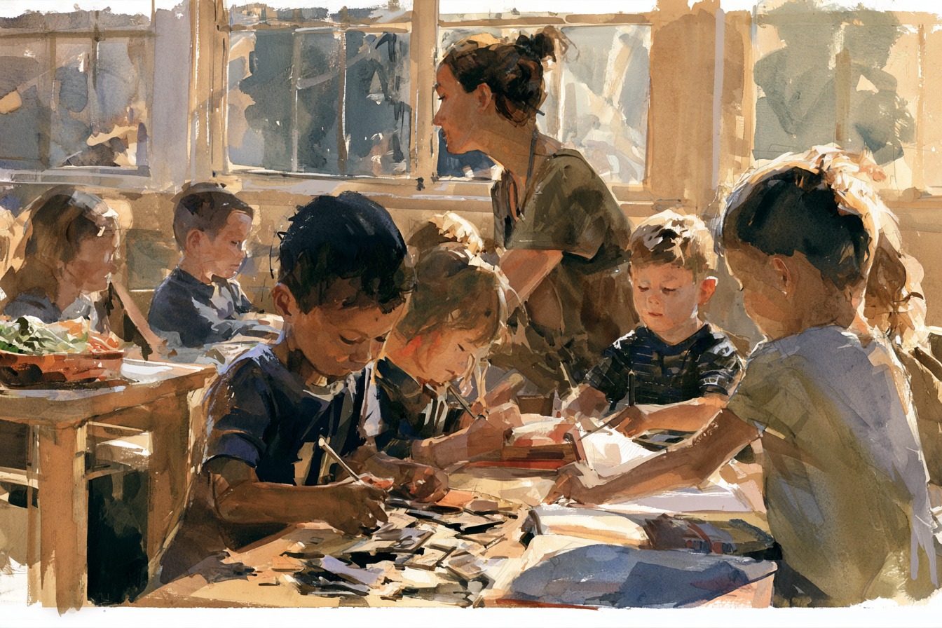 Watercolor painting of children drawing at desks in a sunny classroom with a teacher supervising.