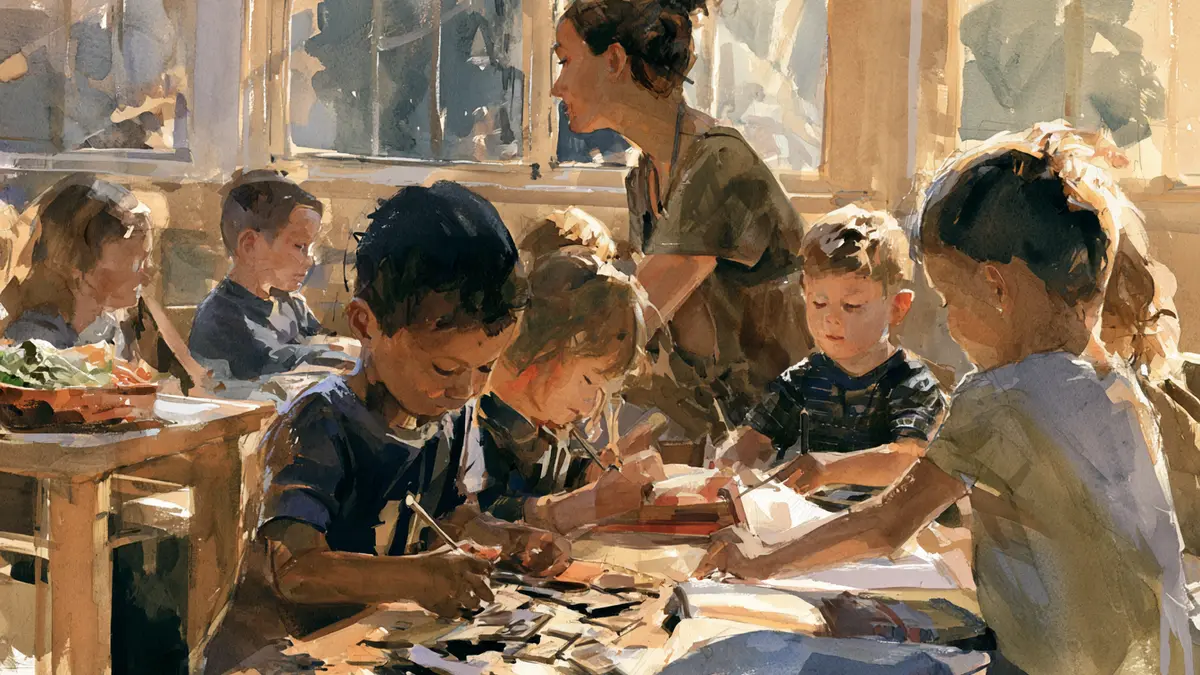 Watercolor painting of children drawing at desks in a sunny classroom with a teacher supervising.