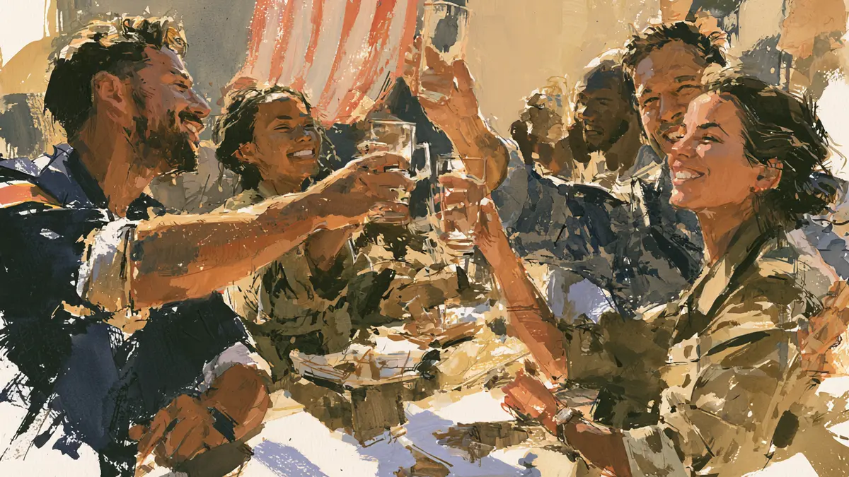 Painterly image of diverse veterans toasting with drinks, smiling under an American flag.