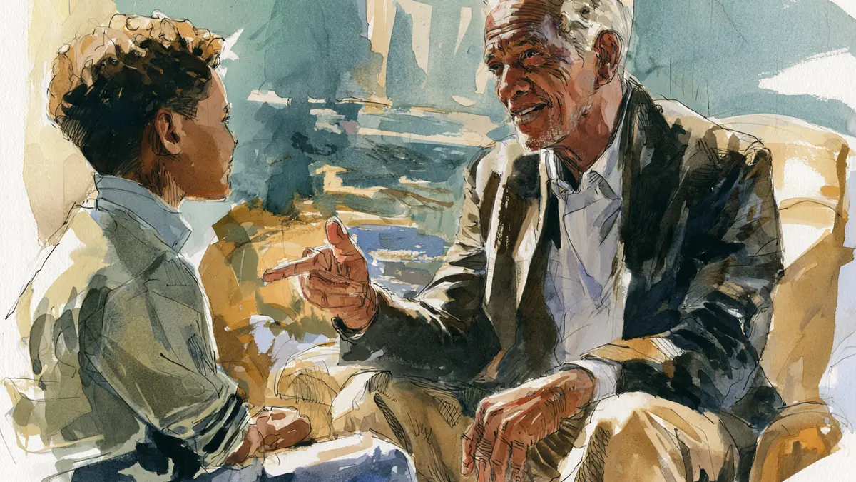 Watercolor illustration of an older man talking and gesturing to a younger person.