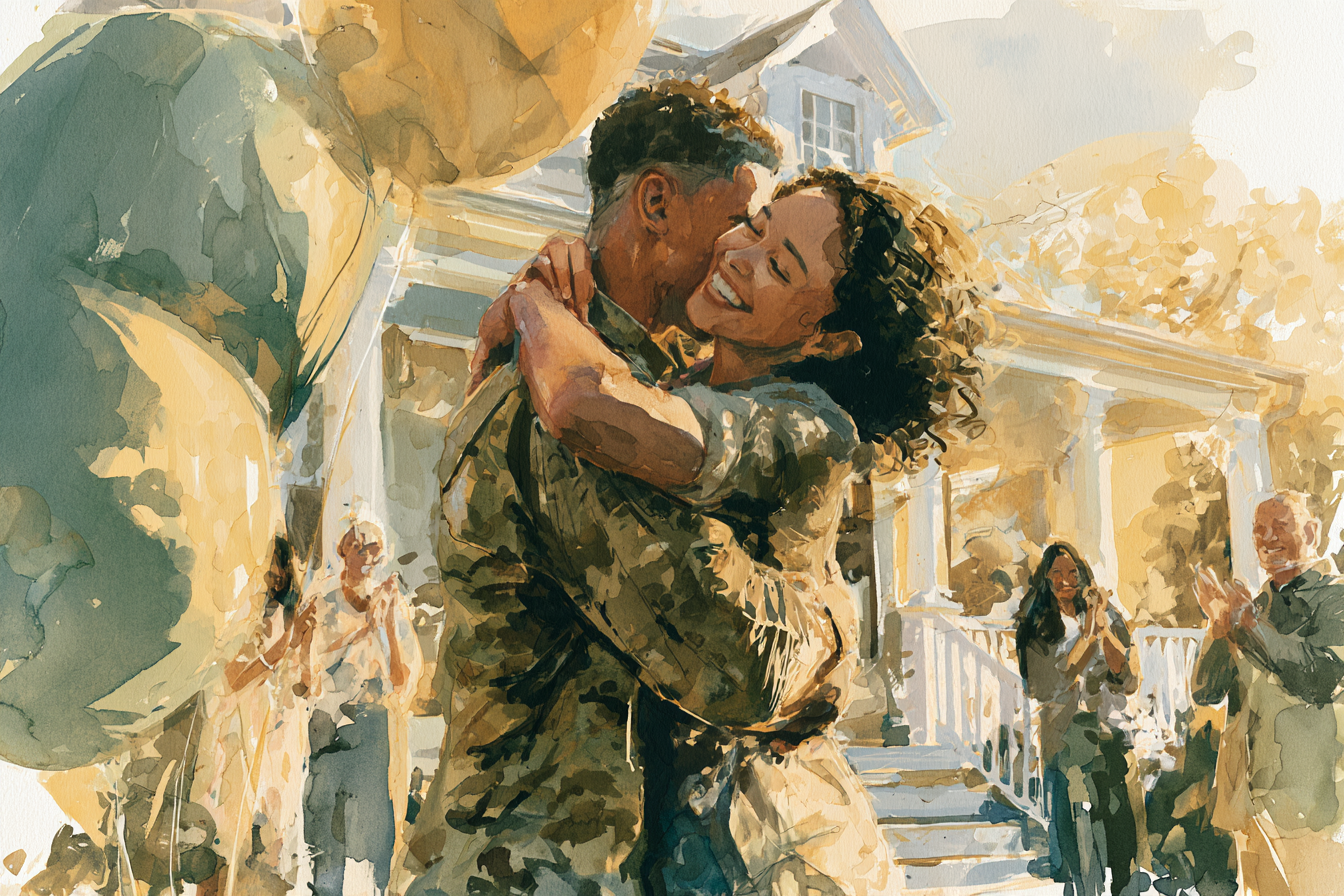 A service member in camouflage embraces a smiling woman, with family and a house in the background.