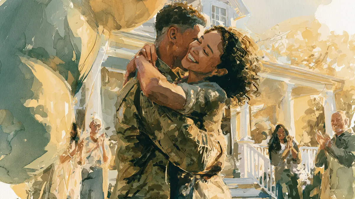 A service member in camouflage embraces a smiling woman, with family and a house in the background.