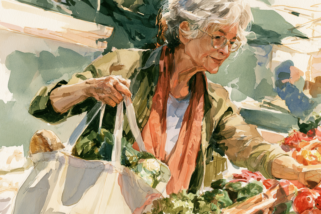 Watercolor painting of an older woman with gray hair and glasses, shopping for produce at a market. She holds a reusable bag.