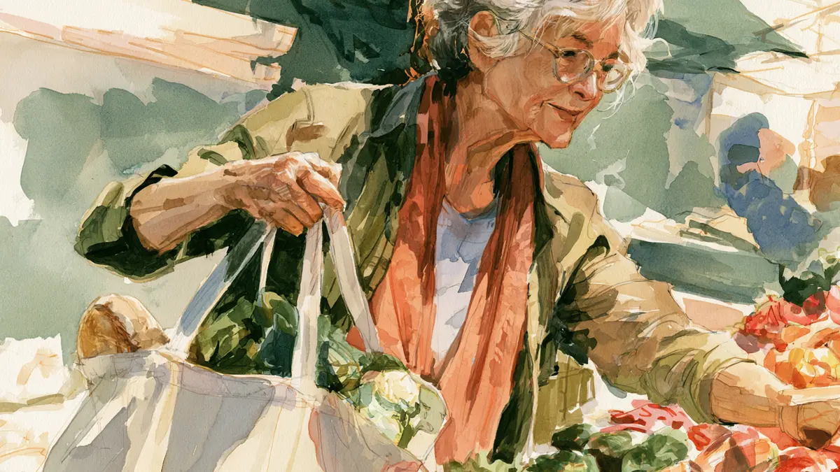 Watercolor painting of an older woman with gray hair and glasses, shopping for produce at a market. She holds a reusable bag.