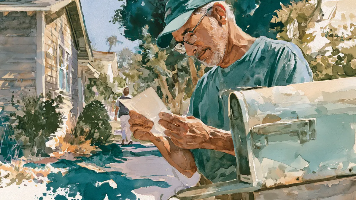 Watercolor painting of an older man in a cap reading a letter from his mailbox.