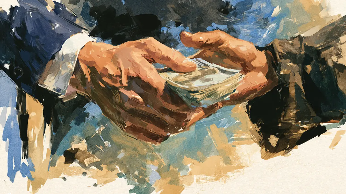 Two hands exchanging a small stack of U.S. hundred-dollar bills