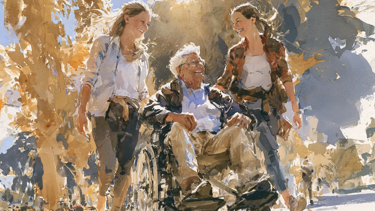 An older white-haired man in a wheelchair being warmly accompanied by two adult women walking beside him on a sunlit path.