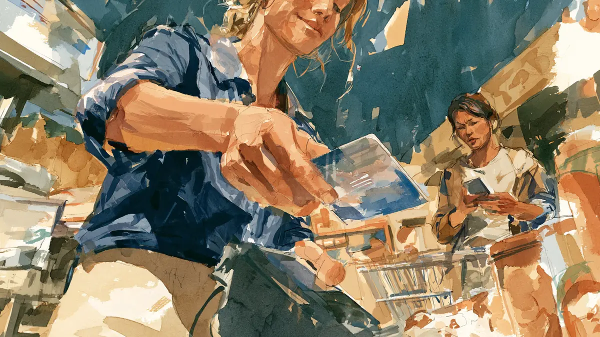 An EBT card being passed through a shadowy skimming device at a grocery checkout while, in the background, a worried mother checks an empty balance on her phone.