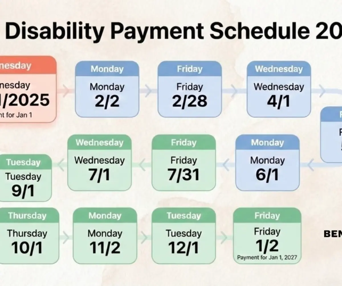 VA Disability Payment Schedule 2026 chart showing scheduled payment dates from 12/31/2025 to 1/2/2027.