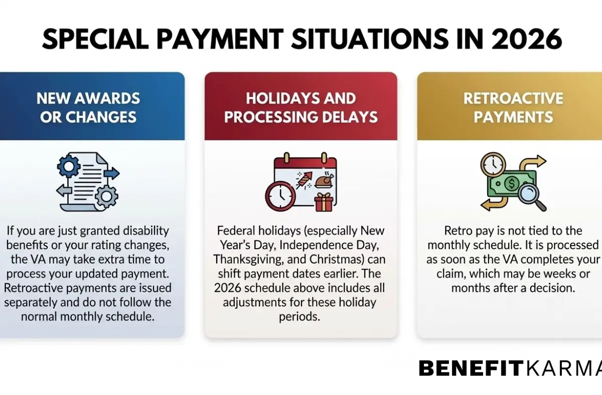 Infographic Special Payment Situations in 2026 - panels: New awards/changes; Holidays/processing delays; Retroactive payments. BenefitKarma logo.