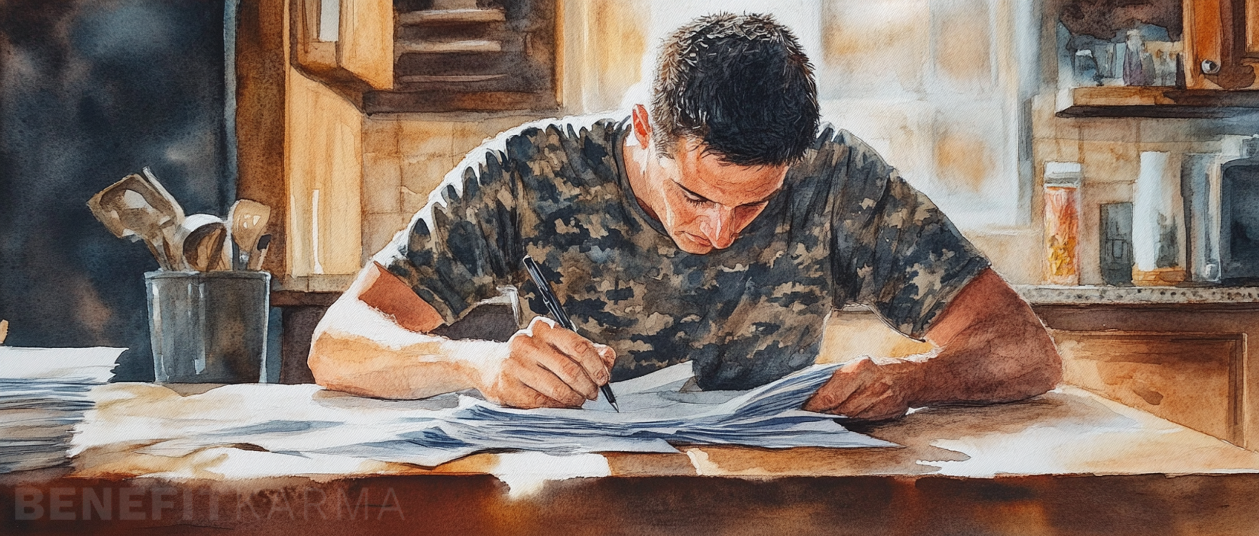 Military service member and family reviewing benefit documents