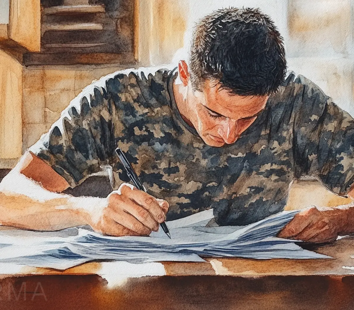 Military service member and family reviewing benefit documents